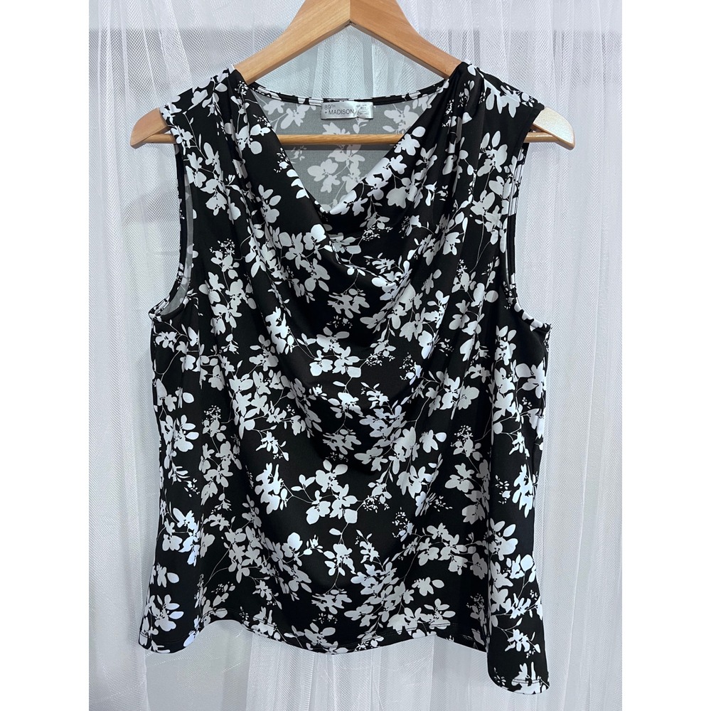 89th +‎ Madison Womens Black White Floral Cowl Neck Sleeveless Blouse Large